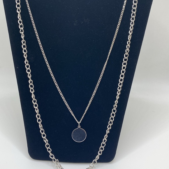 Silver Layered Multi Chain Circular Pendant & Bar Charm Necklace Bohemian Chic - Picture 4 of 13